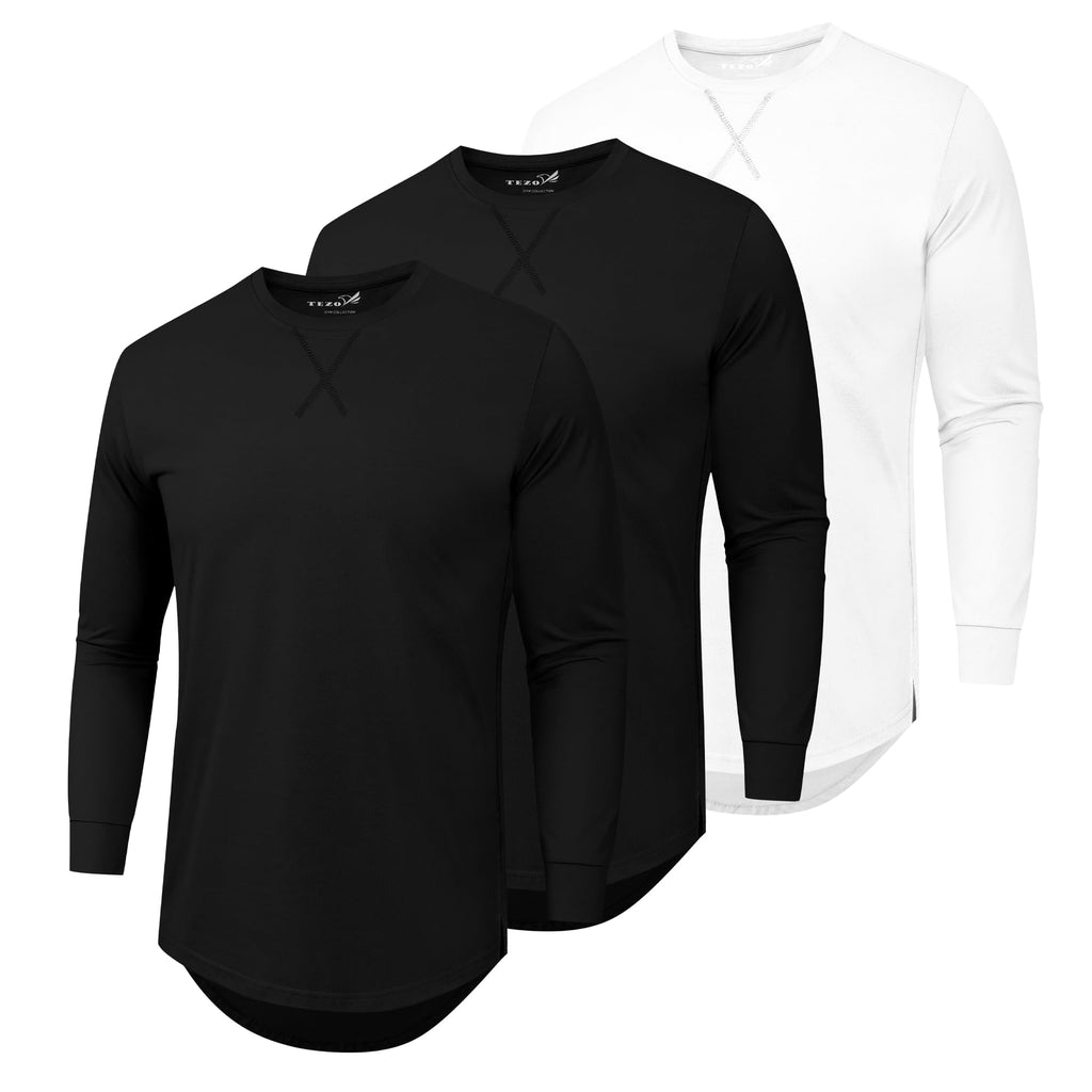 Mens 3 Pack Plain Cotton Shirts Short Sleeve Casual Crew Neck T-Shirts Hipster Hip Hop Longline Tees Drop Cut Curved Hem