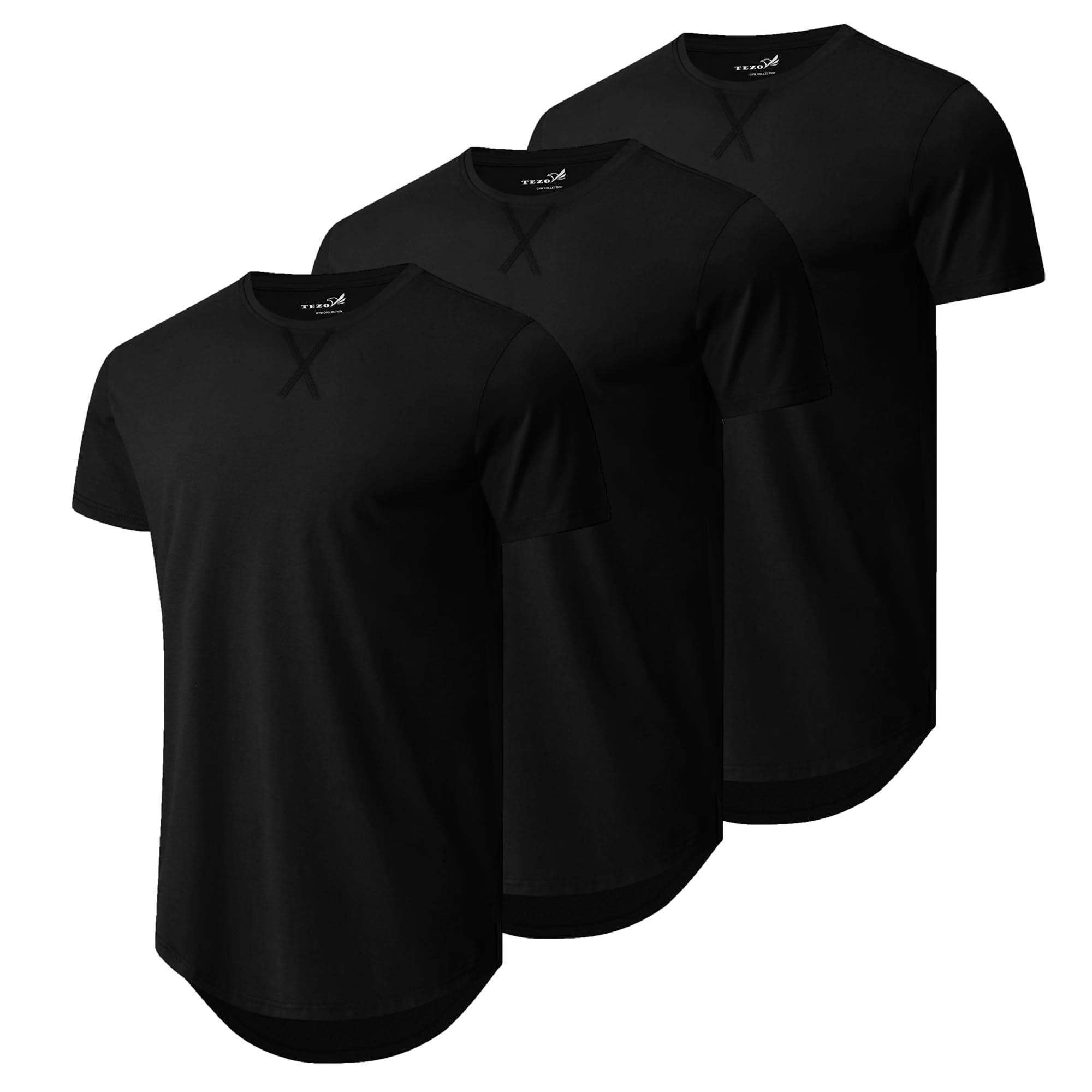 Mens 3 Pack Plain Cotton Shirts Short Sleeve Casual Crew Neck T-Shirts Hipster Hip Hop Longline Tees Drop Cut Curved Hem