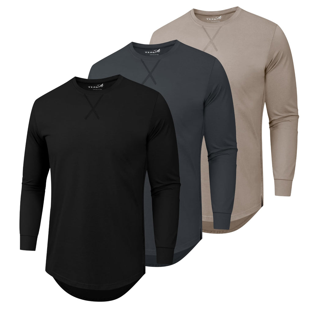 Mens 3 Pack Plain Cotton Shirts Short Sleeve Casual Crew Neck T-Shirts Hipster Hip Hop Longline Tees Drop Cut Curved Hem