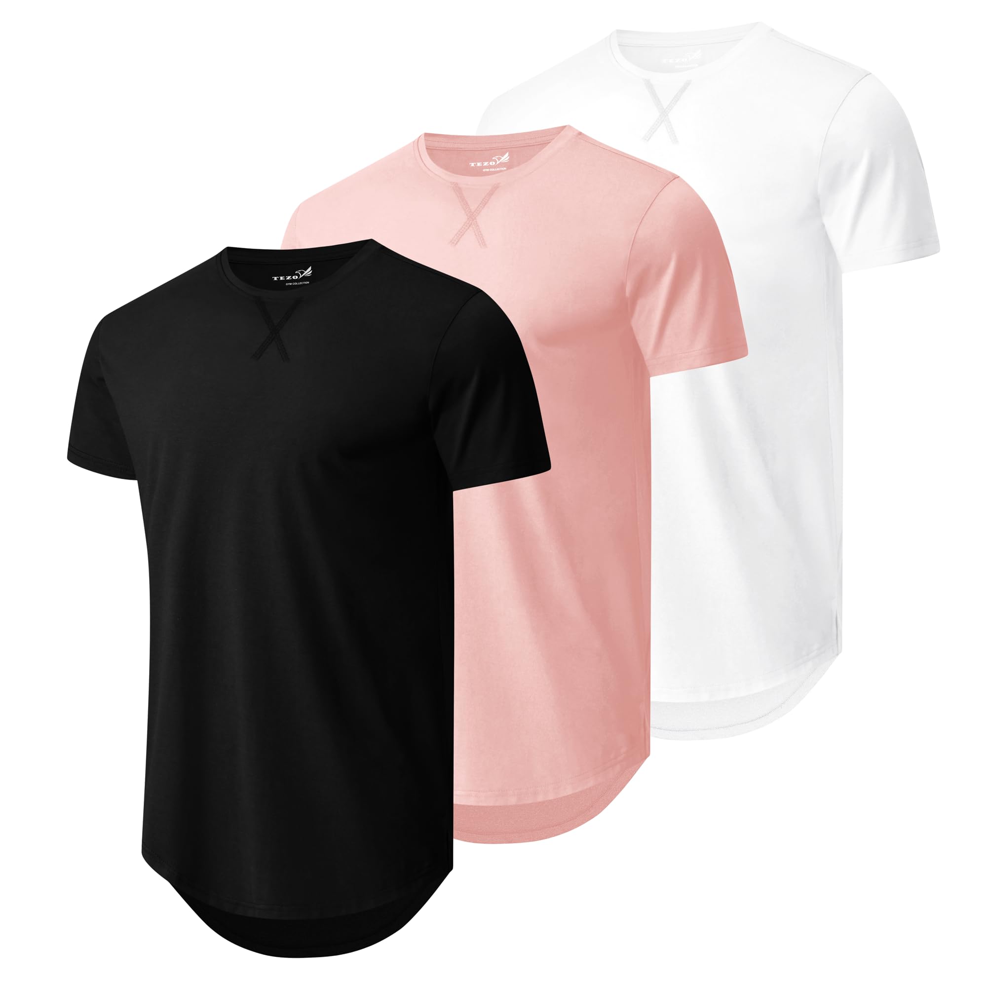 Mens 3 Pack Plain Cotton Shirts Short Sleeve Casual Crew Neck T-Shirts Hipster Hip Hop Longline Tees Drop Cut Curved Hem