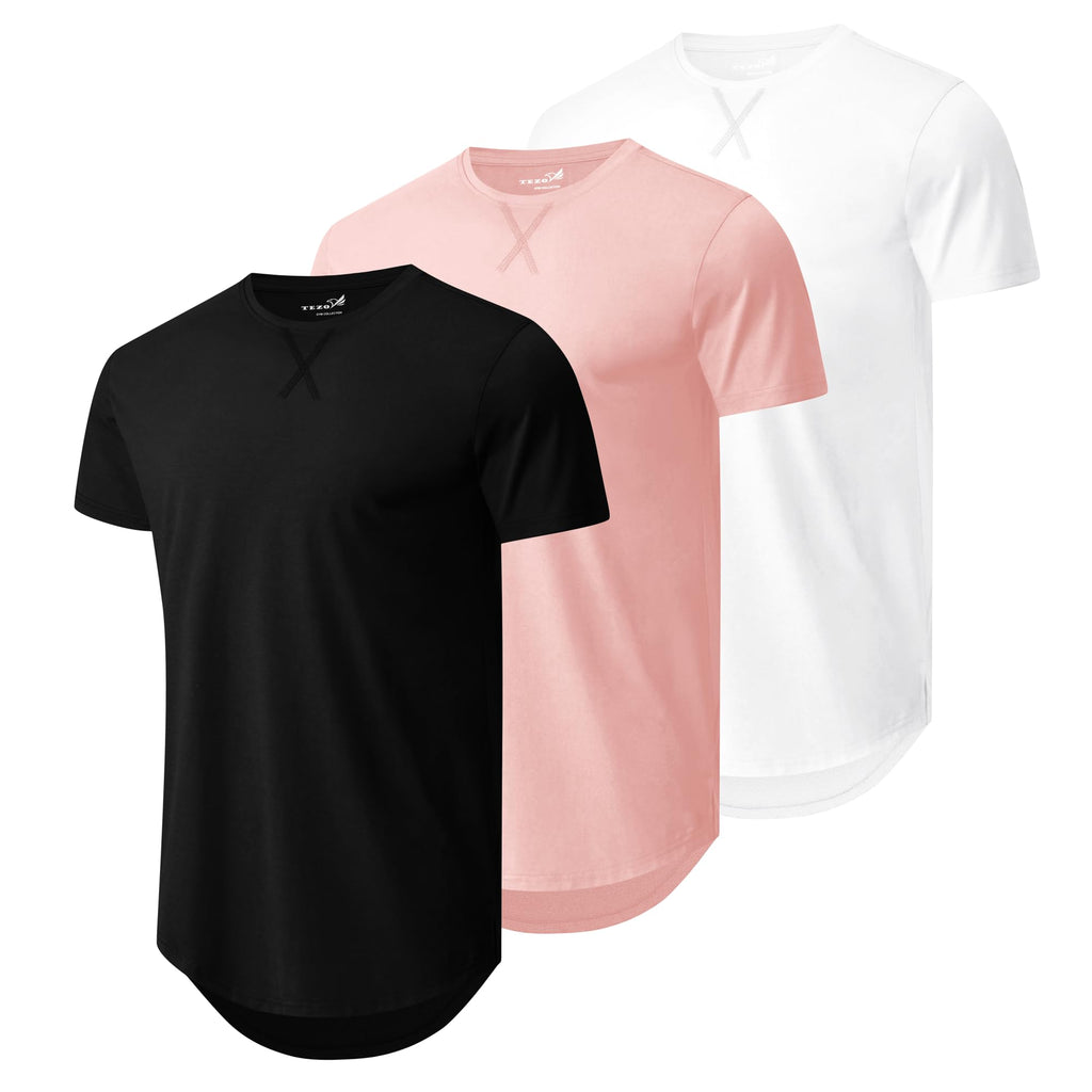 Mens 3 Pack Plain Cotton Shirts Short Sleeve Casual Crew Neck T-Shirts Hipster Hip Hop Longline Tees Drop Cut Curved Hem
