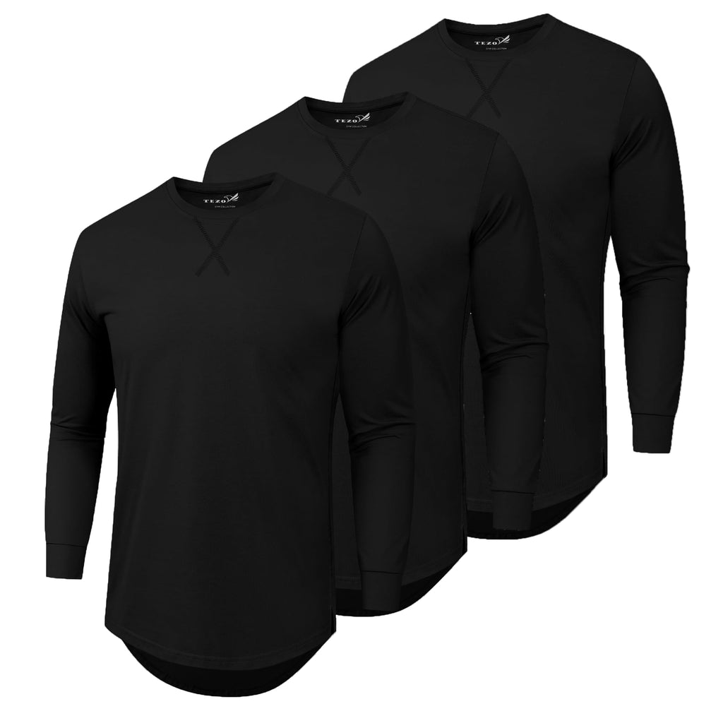 Mens 3 Pack Plain Cotton Shirts Short Sleeve Casual Crew Neck T-Shirts Hipster Hip Hop Longline Tees Drop Cut Curved Hem