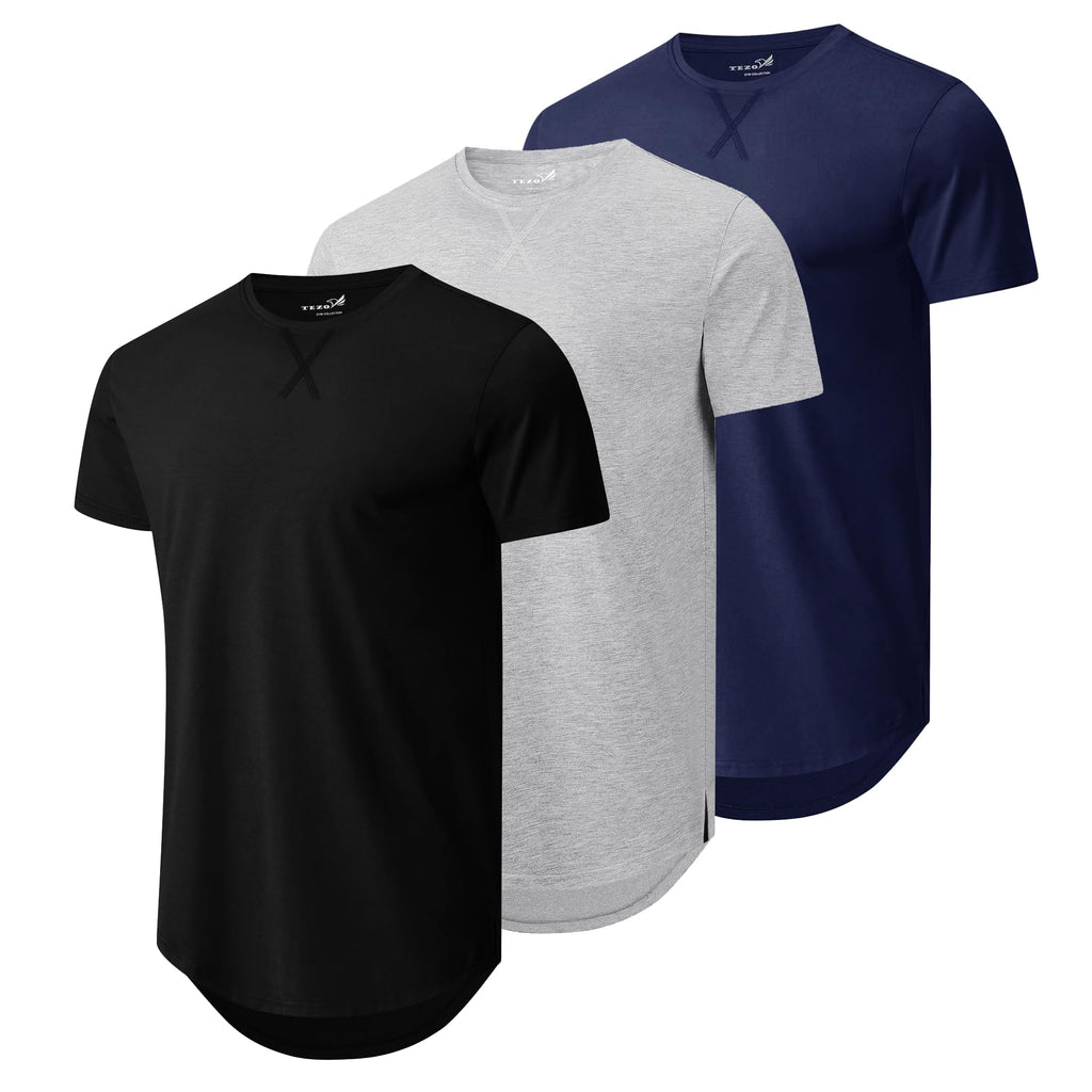 Mens 3 Pack Plain Cotton Shirts Short Sleeve Casual Crew Neck T-Shirts Hipster Hip Hop Longline Tees Drop Cut Curved Hem
