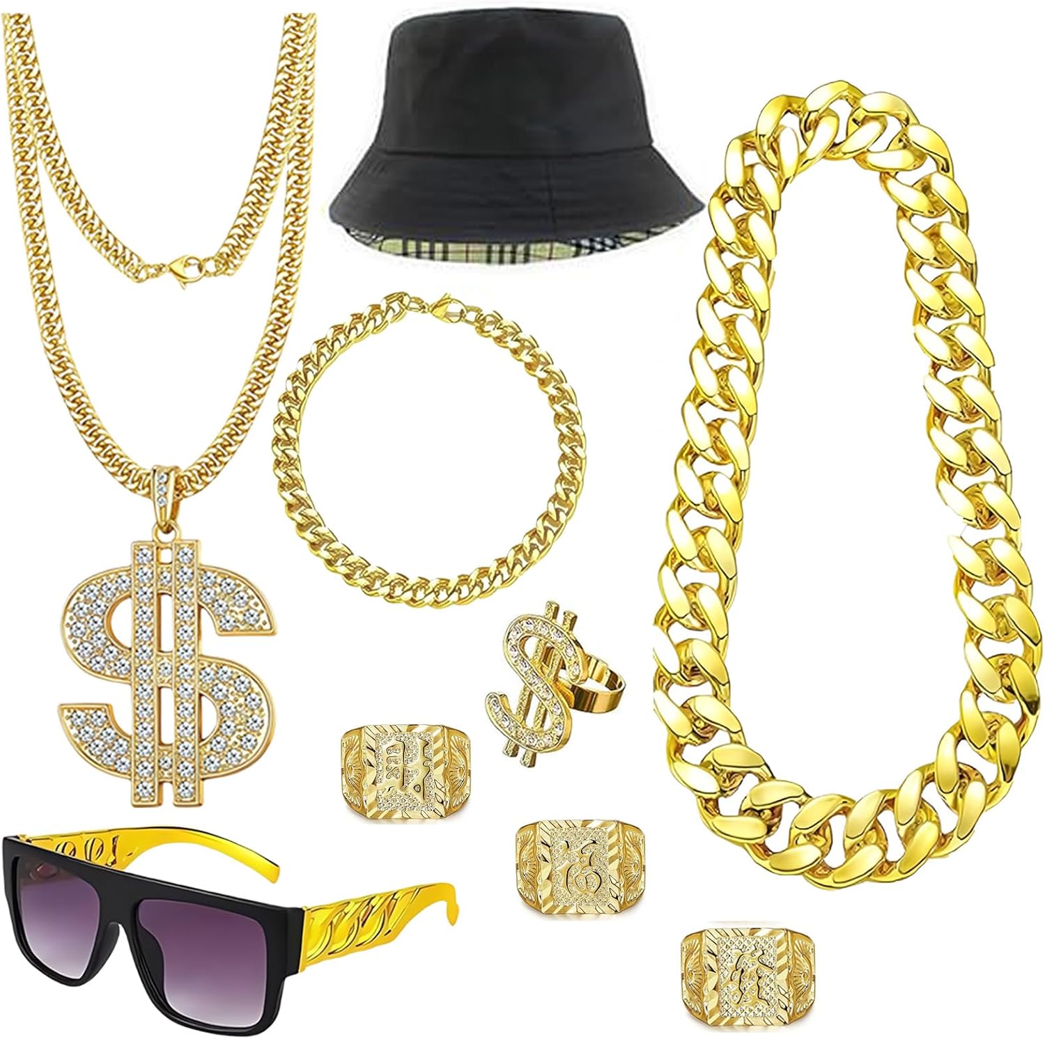 Hip Hop Costume Kit 80s 90s Rapper Accessories, Outfits for Men Women Cosplay Gatherings Club Nostalgia Old School Themed Party Supplies