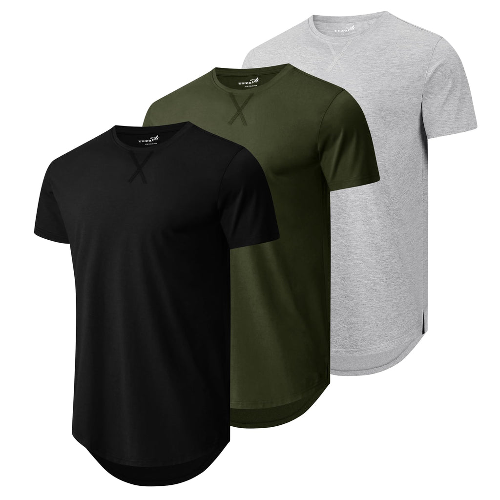 Mens 3 Pack Plain Cotton Shirts Short Sleeve Casual Crew Neck T-Shirts Hipster Hip Hop Longline Tees Drop Cut Curved Hem
