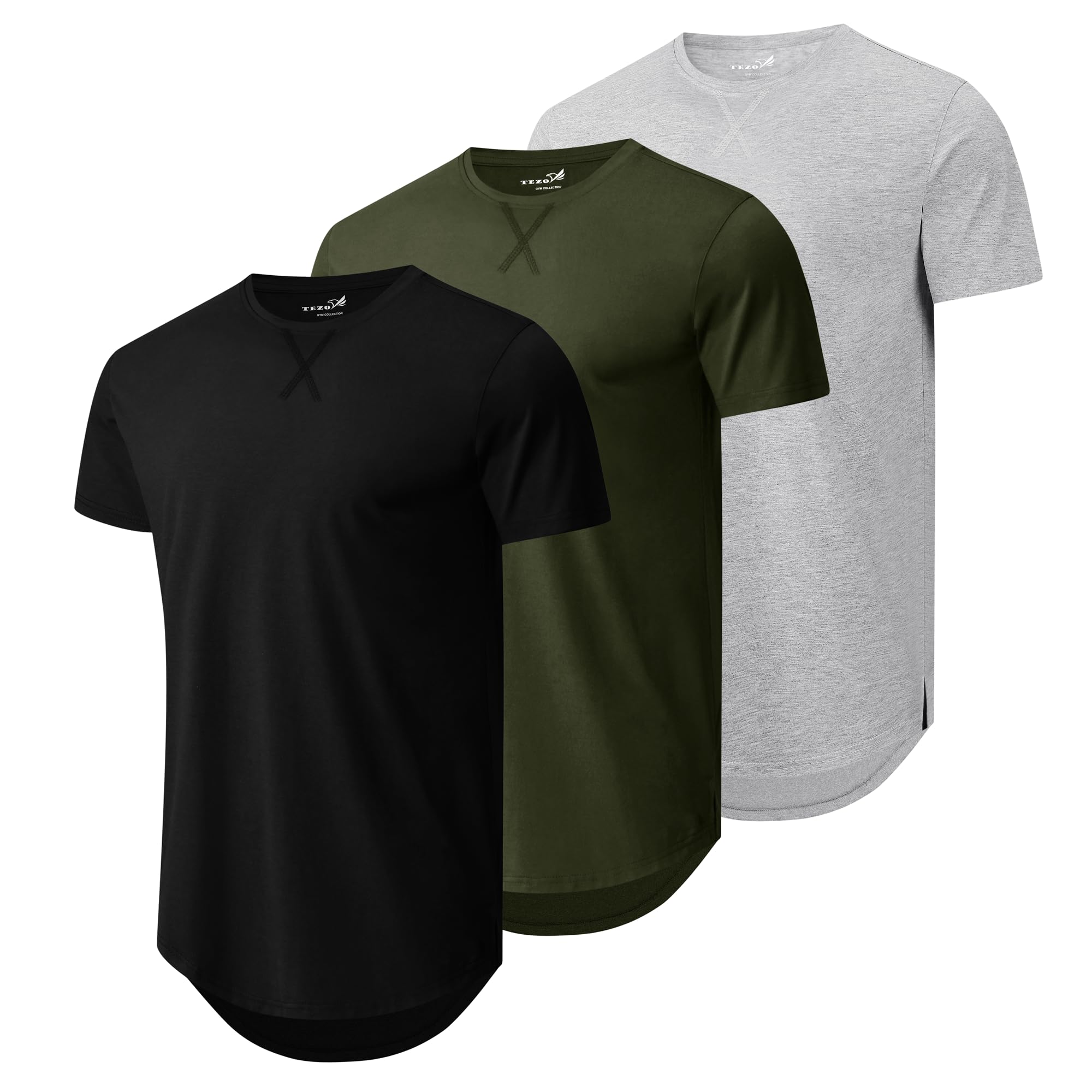 Mens 3 Pack Plain Cotton Shirts Short Sleeve Casual Crew Neck T-Shirts Hipster Hip Hop Longline Tees Drop Cut Curved Hem
