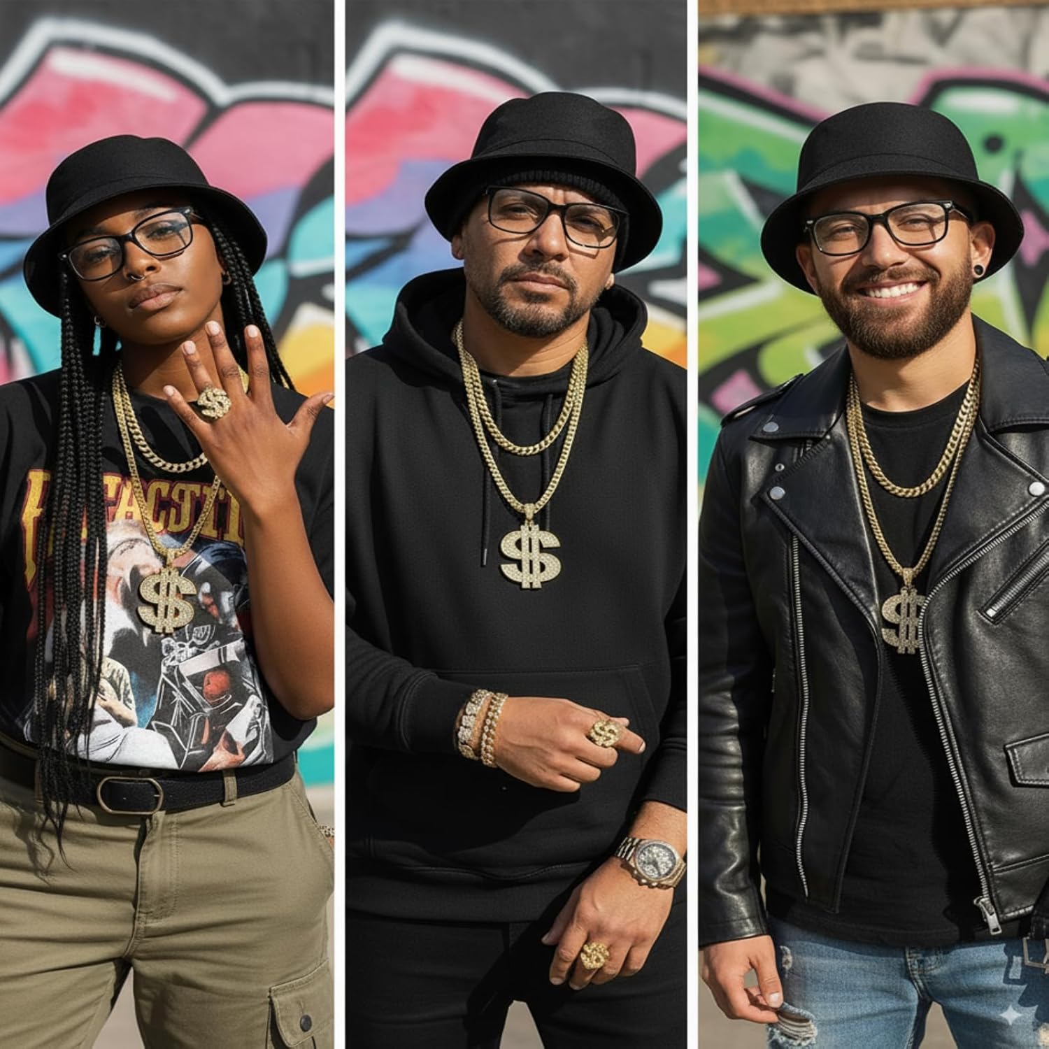 Gejoy 80s 90s Hip Hop Costume Kit Rapper Accessories Outfit Sunglass Hat Chain Ring for Men Women Halloween Party Decoration