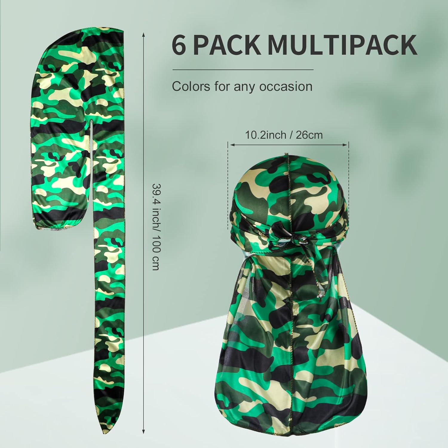 Tarpop 6 Pcs Durags for Men Silky Camouflage Cap with Long Tail and Wide Straps Colorful 360 Waves Du Rag Cap for Men and Women Hip Hop Rapper