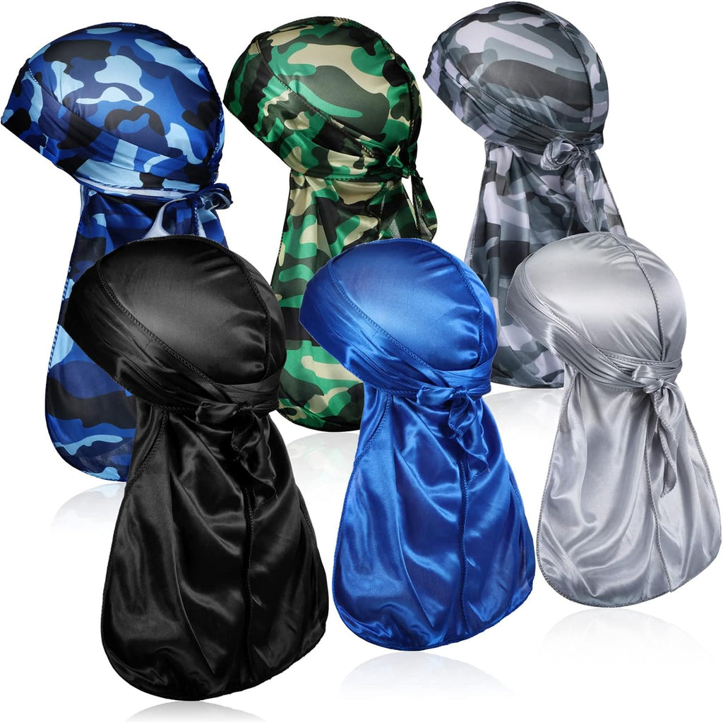 Tarpop 6 Pcs Durags for Men Silky Camouflage Cap with Long Tail and Wide Straps Colorful 360 Waves Du Rag Cap for Men and Women Hip Hop Rapper