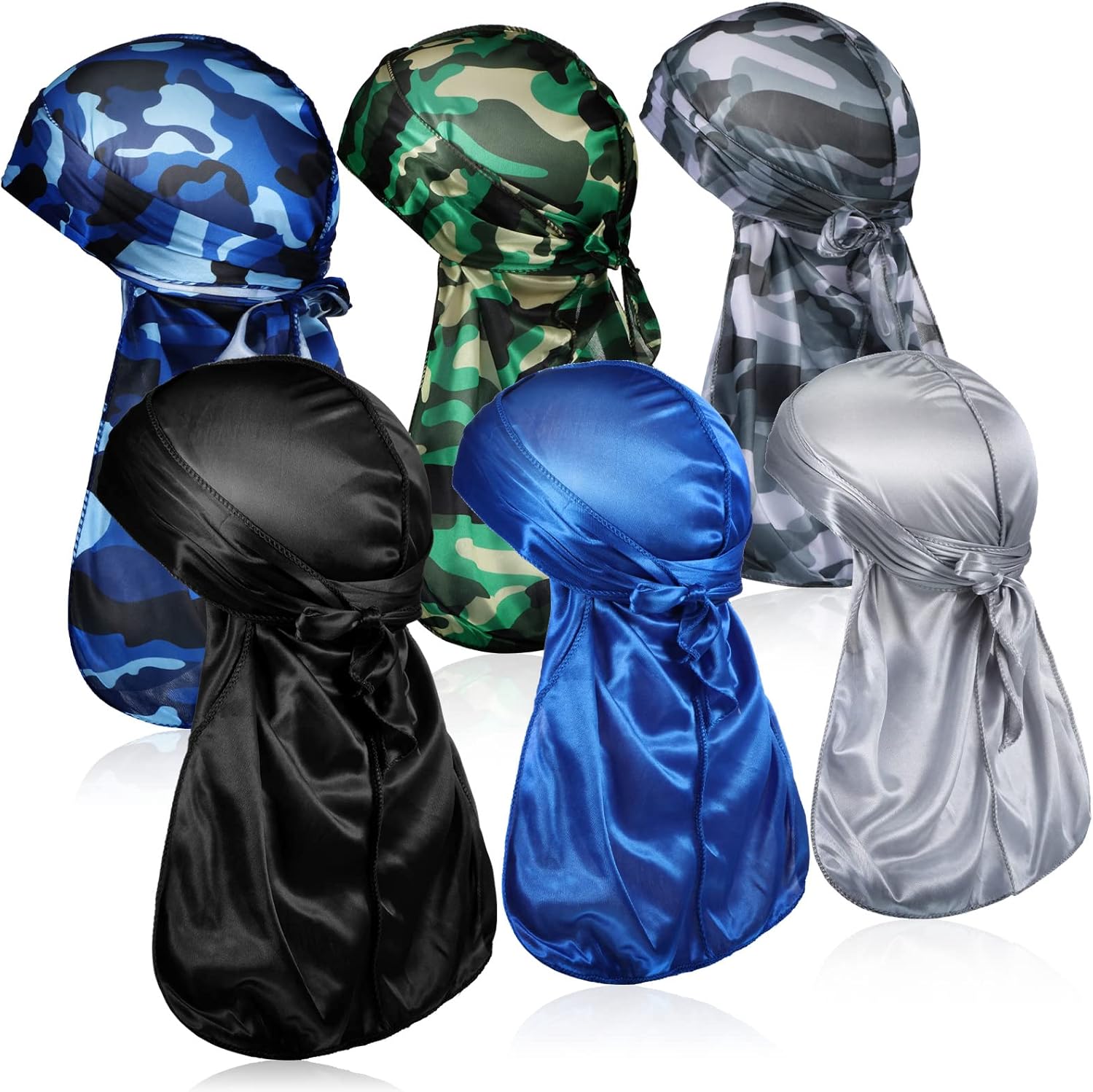 Tarpop 6 Pcs Durags for Men Silky Camouflage Cap with Long Tail and Wide Straps Colorful 360 Waves Du Rag Cap for Men and Women Hip Hop Rapper