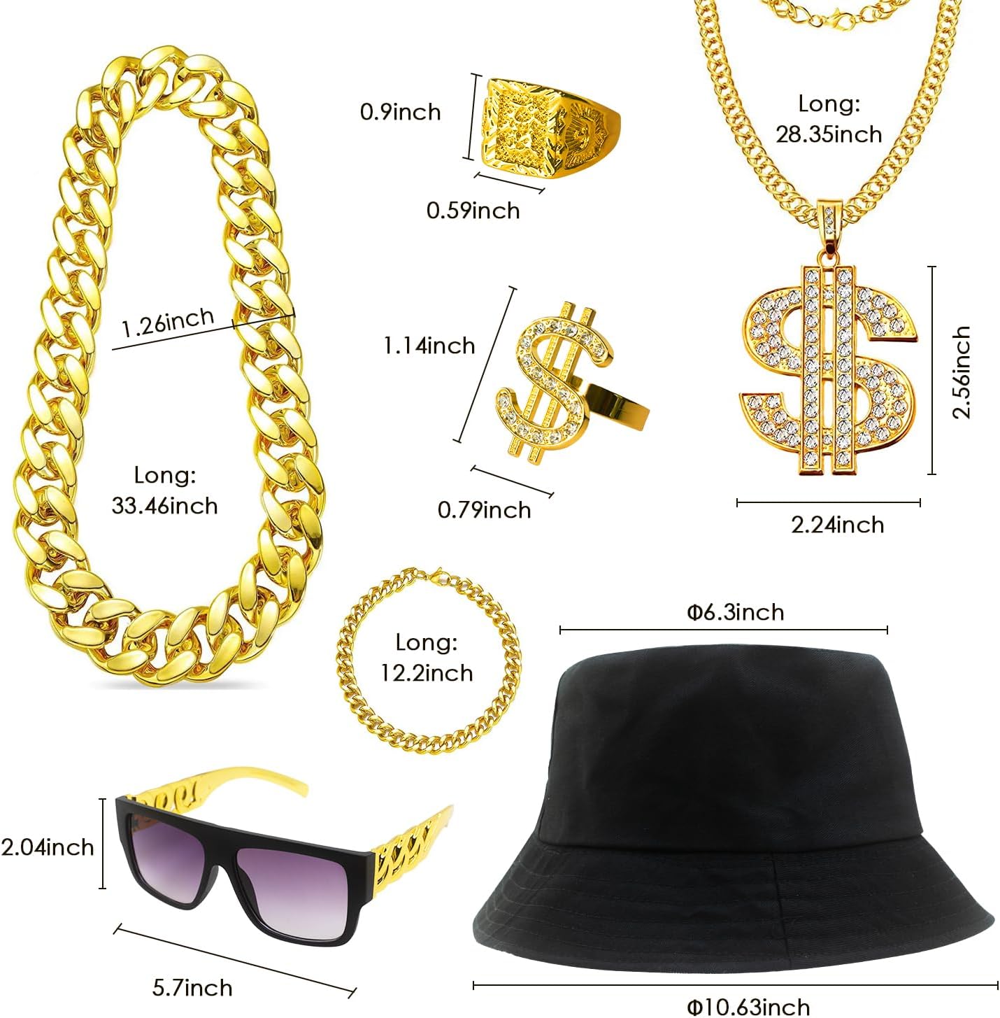 Hip Hop Costume Kit 80s 90s Rapper Accessories, Outfits for Men Women Cosplay Gatherings Club Nostalgia Old School Themed Party Supplies
