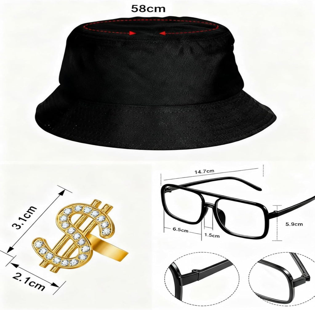 Gejoy 80s 90s Hip Hop Costume Kit Rapper Accessories Outfit Sunglass Hat Chain Ring for Men Women Halloween Party Decoration