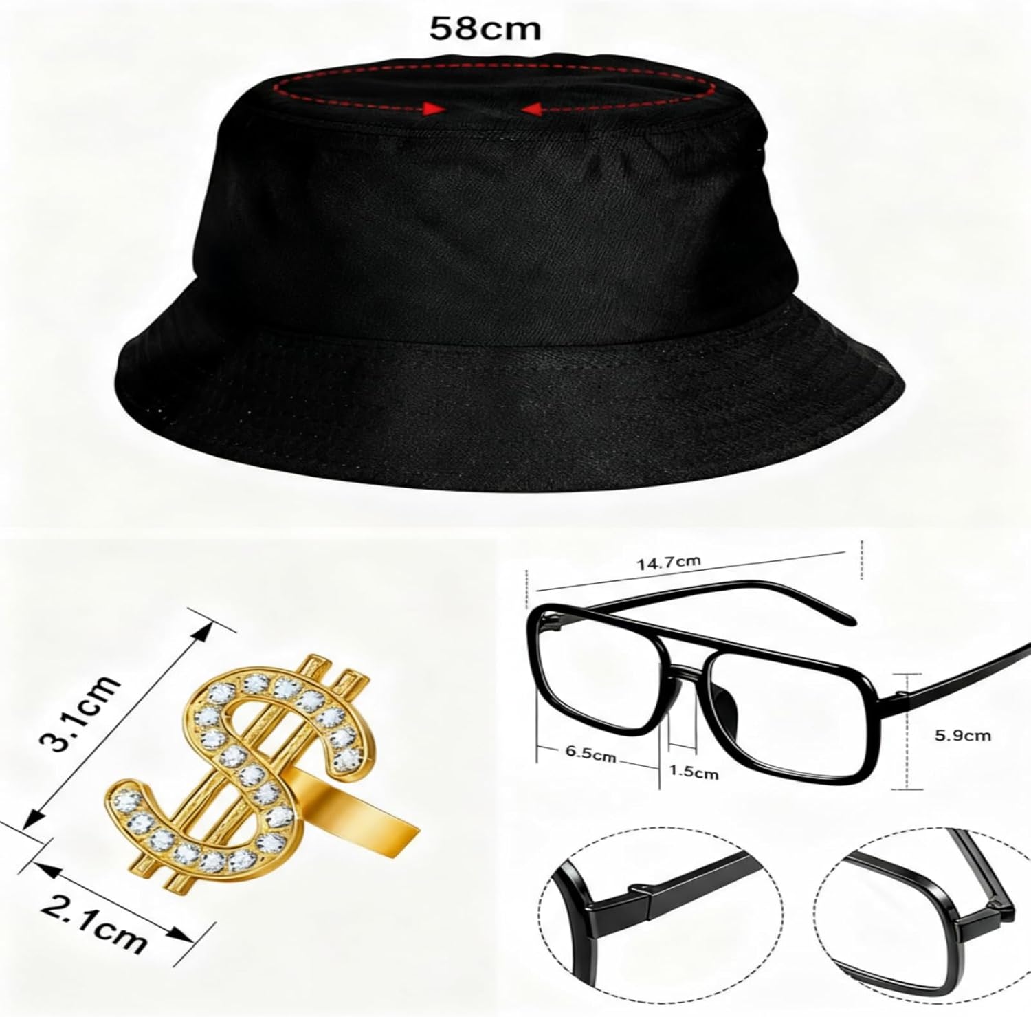 Gejoy 80s 90s Hip Hop Costume Kit Rapper Accessories Outfit Sunglass Hat Chain Ring for Men Women Halloween Party Decoration