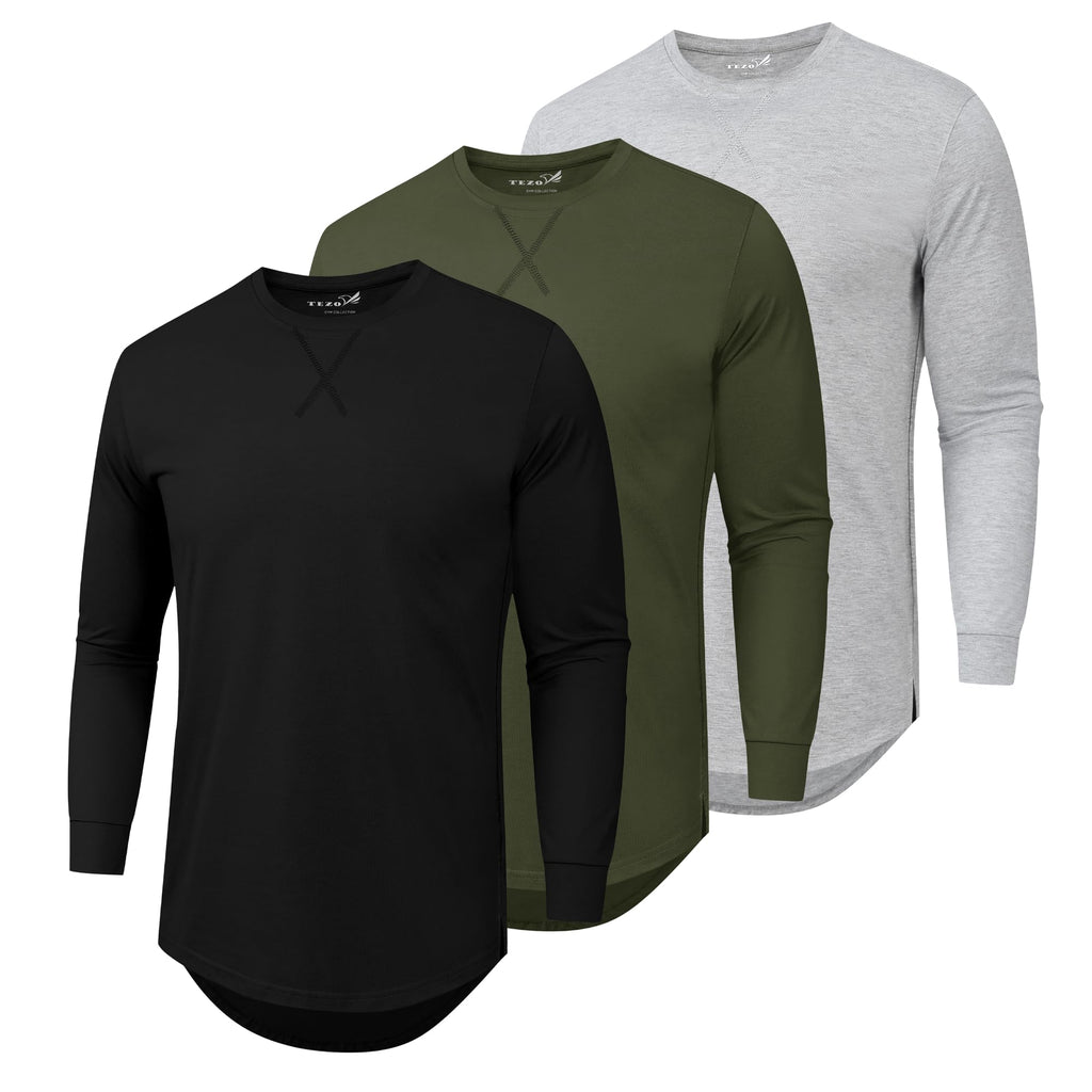 Mens 3 Pack Plain Cotton Shirts Short Sleeve Casual Crew Neck T-Shirts Hipster Hip Hop Longline Tees Drop Cut Curved Hem