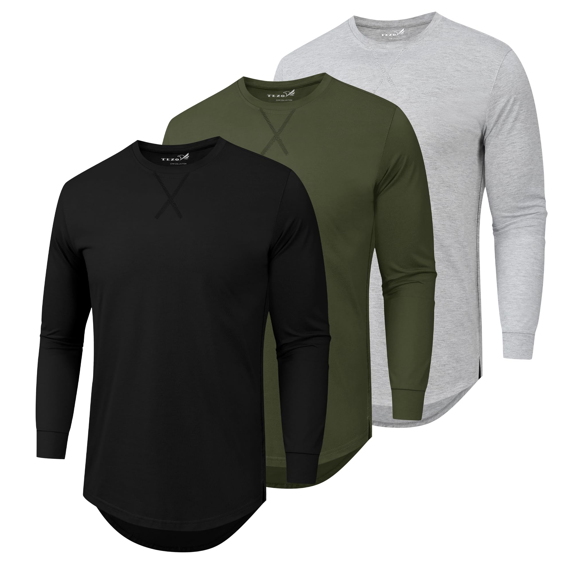 Mens 3 Pack Plain Cotton Shirts Short Sleeve Casual Crew Neck T-Shirts Hipster Hip Hop Longline Tees Drop Cut Curved Hem