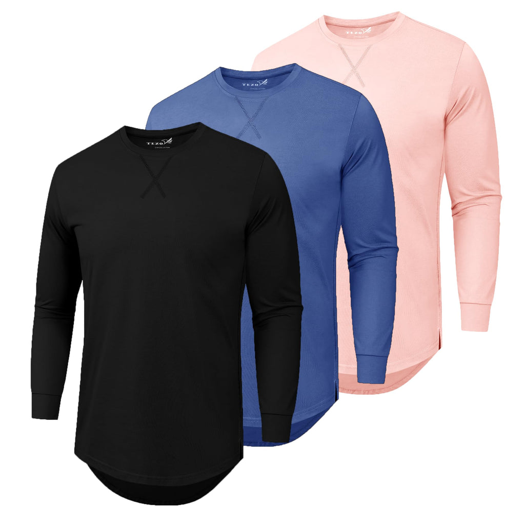 Mens 3 Pack Plain Cotton Shirts Short Sleeve Casual Crew Neck T-Shirts Hipster Hip Hop Longline Tees Drop Cut Curved Hem