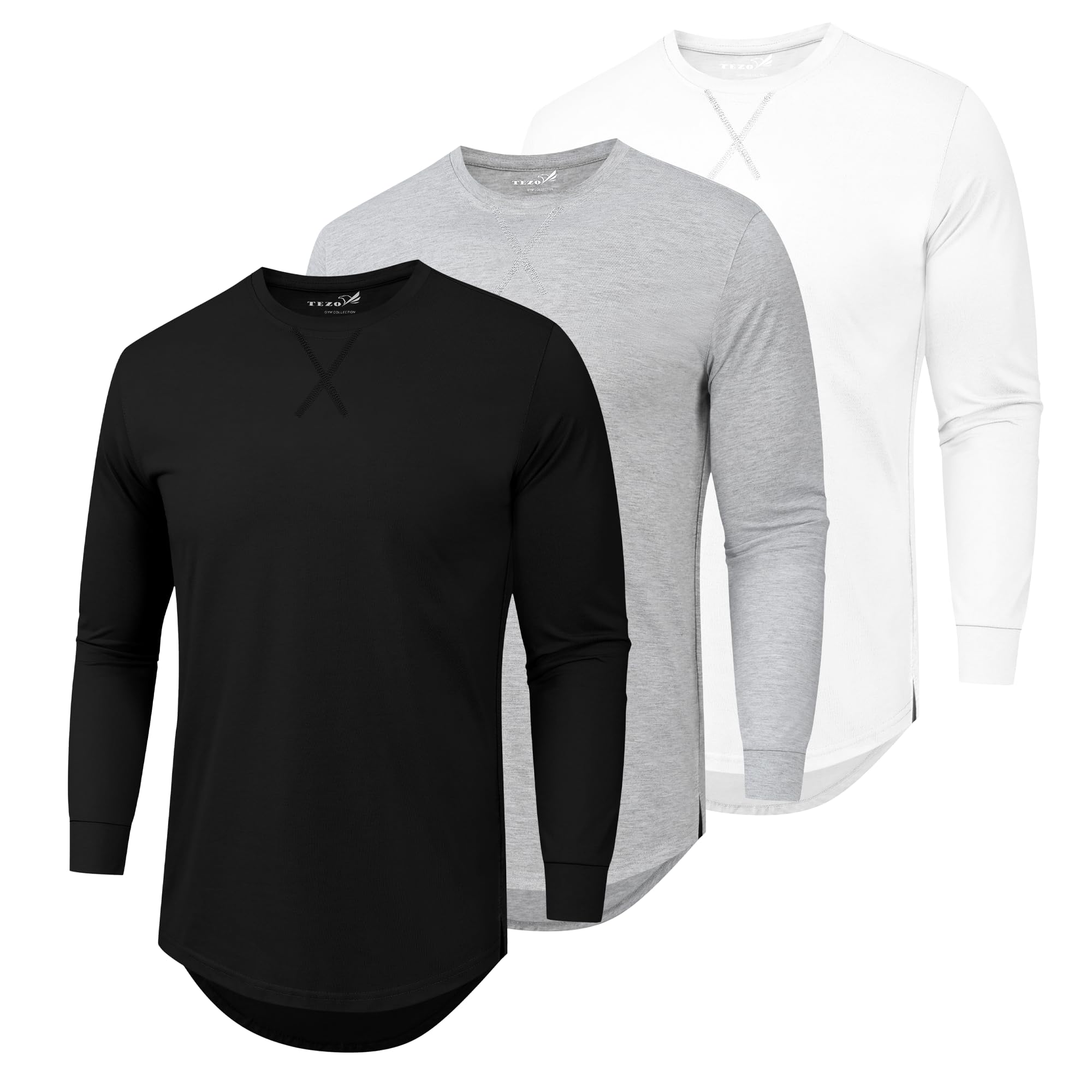 Mens 3 Pack Plain Cotton Shirts Short Sleeve Casual Crew Neck T-Shirts Hipster Hip Hop Longline Tees Drop Cut Curved Hem