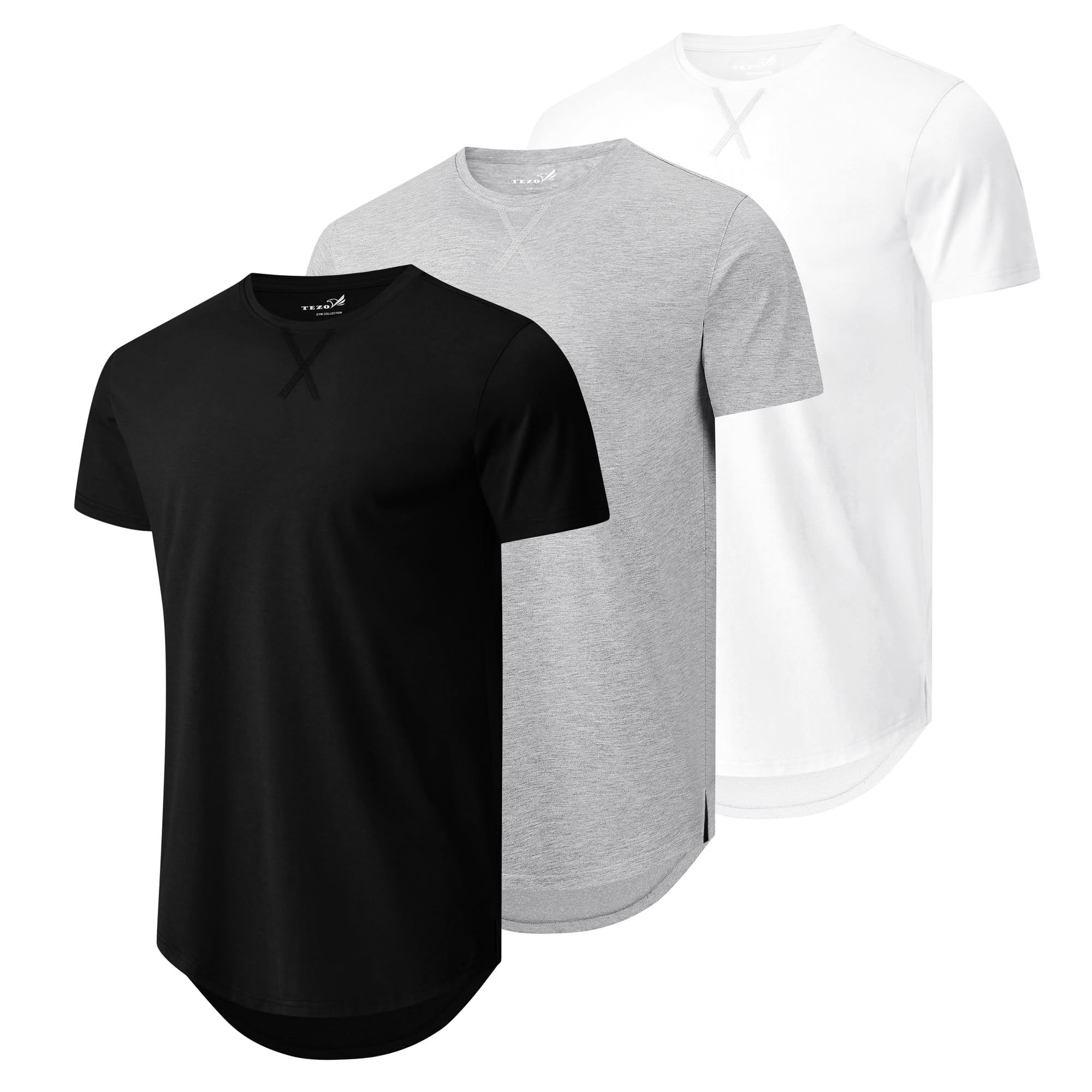 Mens 3 Pack Plain Cotton Shirts Short Sleeve Casual Crew Neck T-Shirts Hipster Hip Hop Longline Tees Drop Cut Curved Hem