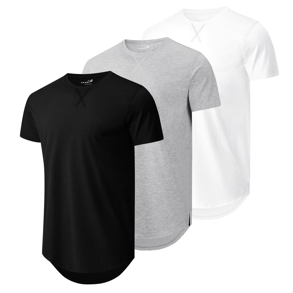 Mens 3 Pack Plain Cotton Shirts Short Sleeve Casual Crew Neck T-Shirts Hipster Hip Hop Longline Tees Drop Cut Curved Hem