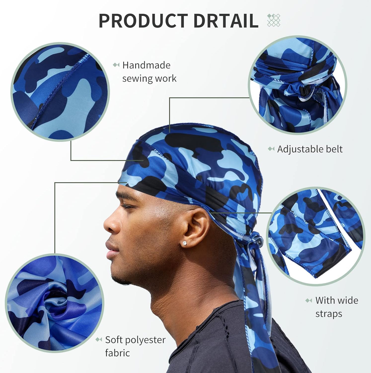 Tarpop 6 Pcs Durags for Men Silky Camouflage Cap with Long Tail and Wide Straps Colorful 360 Waves Du Rag Cap for Men and Women Hip Hop Rapper