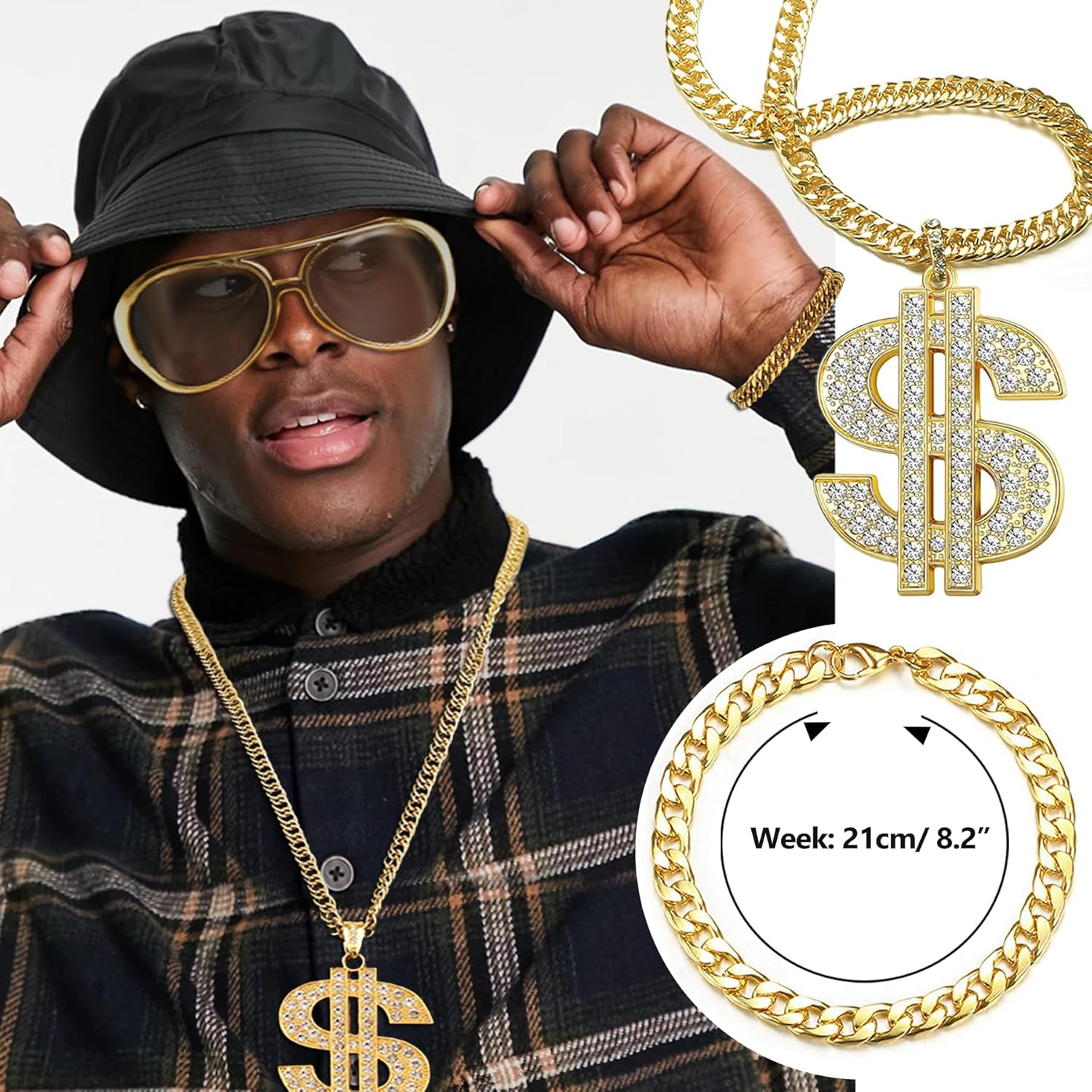 90s Hip Hop 80s Costumes Kit for Men Rapper Party Outfits Accessories