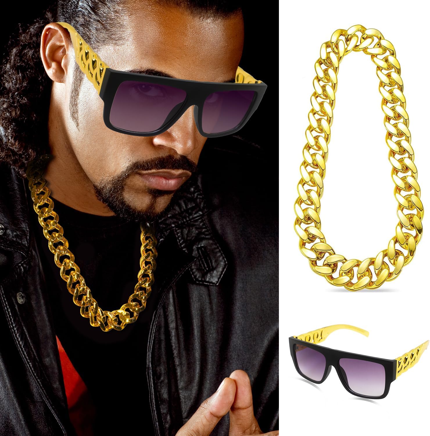 Hip Hop Costume Kit 80s 90s Rapper Accessories, Outfits for Men Women Cosplay Gatherings Club Nostalgia Old School Themed Party Supplies