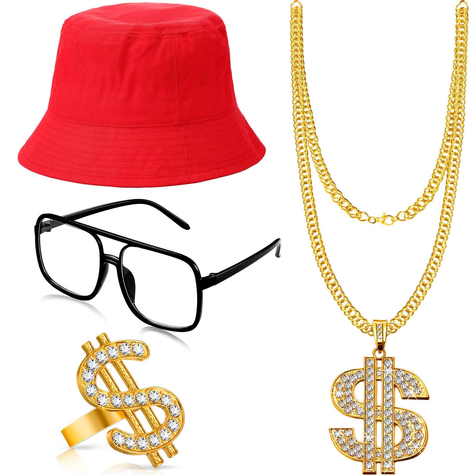 Gejoy 80s 90s Hip Hop Costume Kit Rapper Accessories Outfit Sunglass Hat Chain Ring for Men Women Halloween Party Decoration