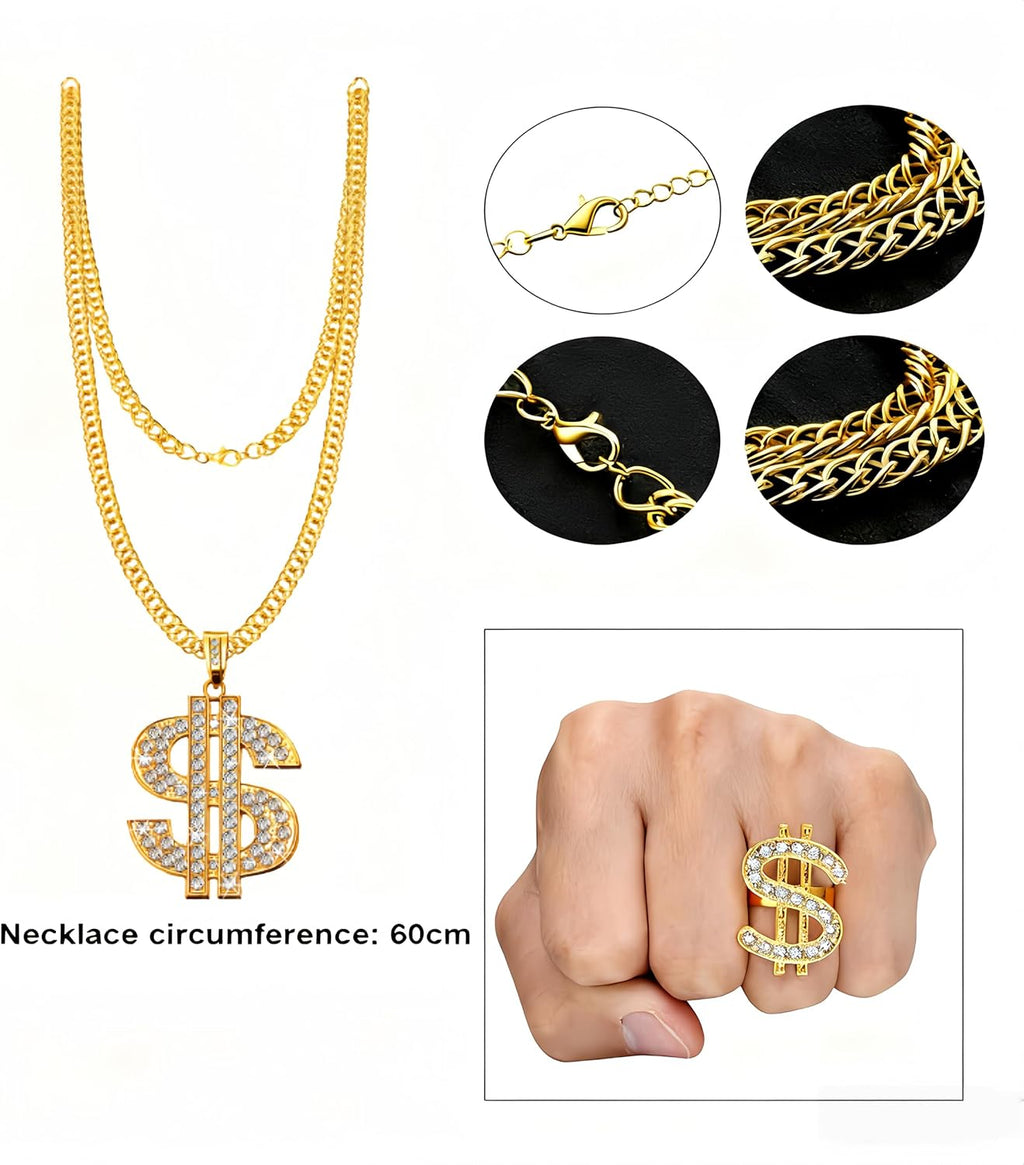 Gejoy 80s 90s Hip Hop Costume Kit Rapper Accessories Outfit Sunglass Hat Chain Ring for Men Women Halloween Party Decoration