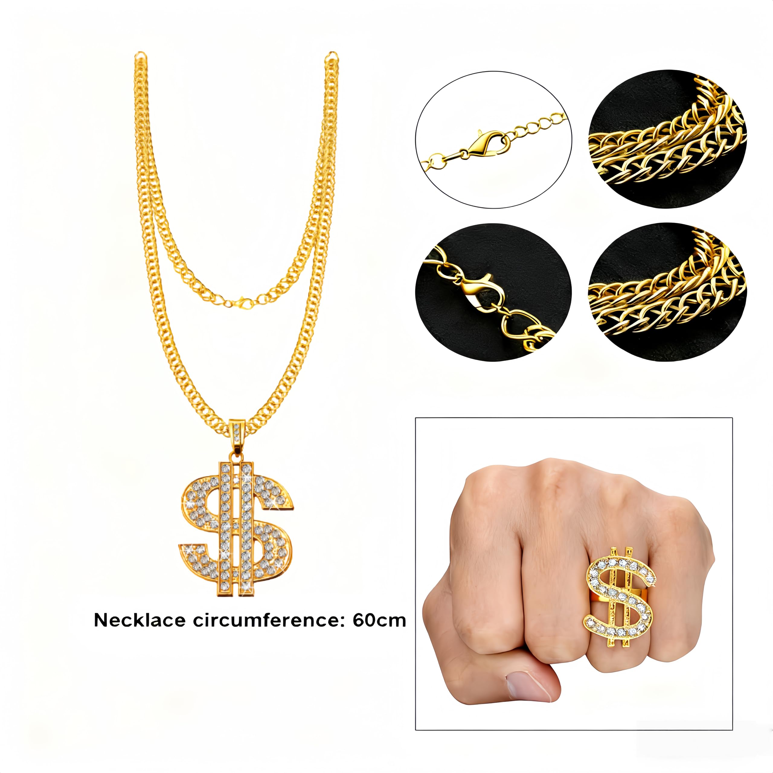 Gejoy 80s 90s Hip Hop Costume Kit Rapper Accessories Outfit Sunglass Hat Chain Ring for Men Women Halloween Party Decoration