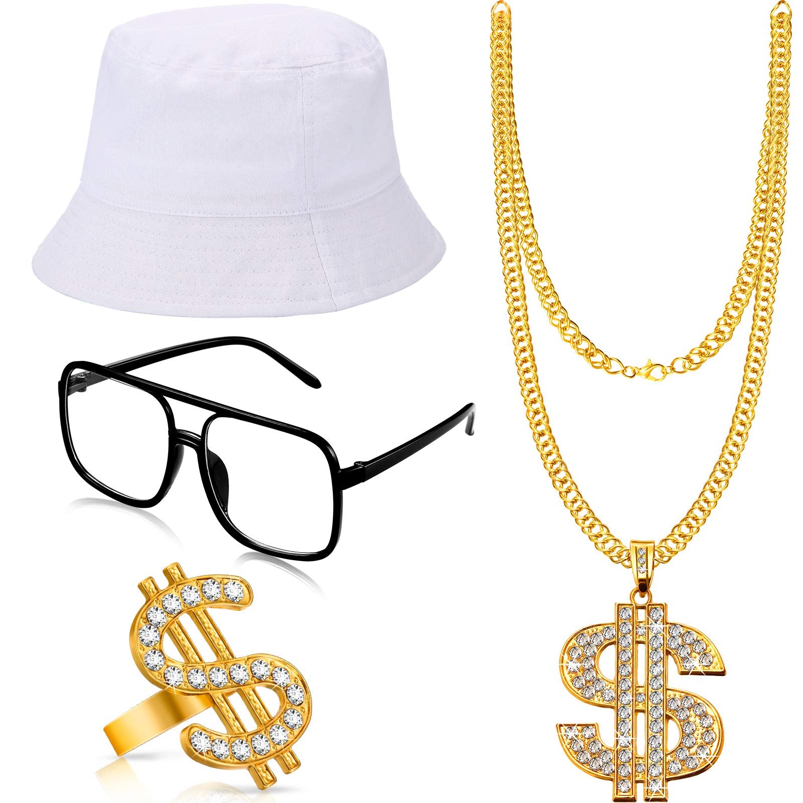 Gejoy 80s 90s Hip Hop Costume Kit Rapper Accessories Outfit Sunglass Hat Chain Ring for Men Women Halloween Party Decoration