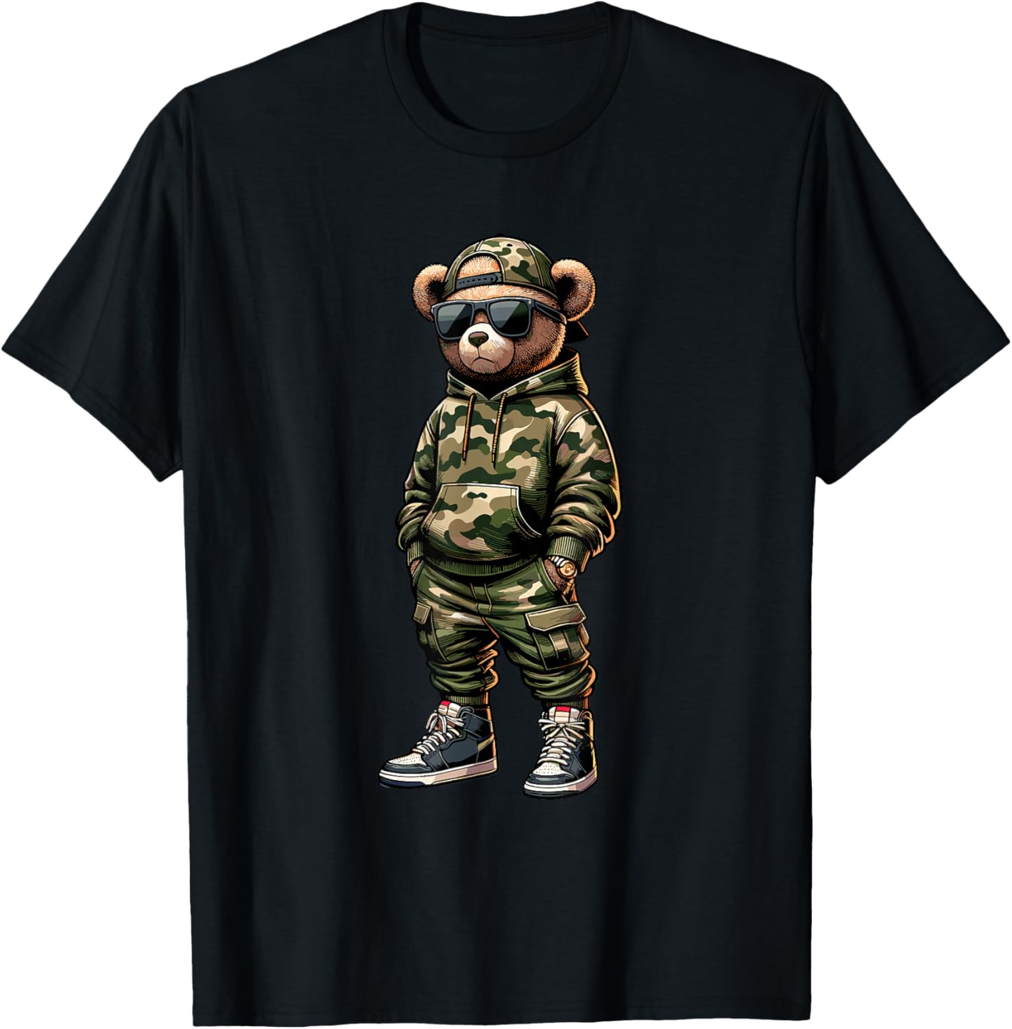 Camo Hip Hop Teddy Bear Cool Rapper Streetwear Graphic T-Shirt
