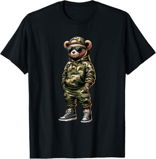 Camo Hip Hop Teddy Bear Cool Rapper Streetwear Graphic T-Shirt